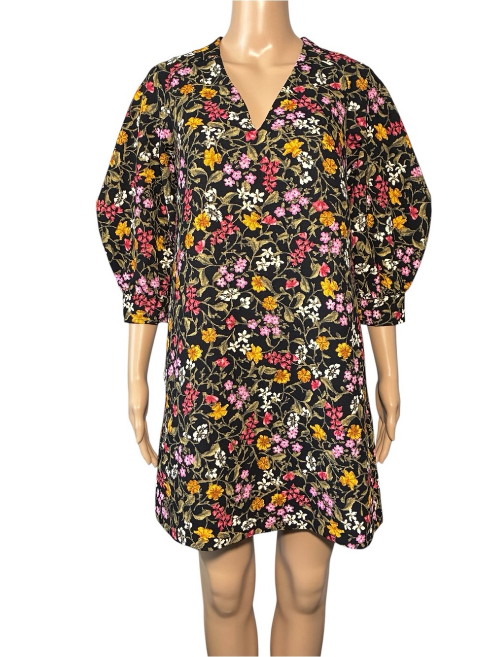 Zara Basic Women's Shift Dress XS Floral V-Neck Puff Sleeve Pockets Multicolor